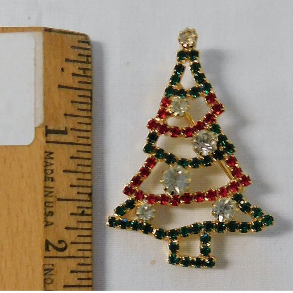 Christmas Vintage Open Tree Pin Brooch Green Red Crystal Prong Set Rhinestones - Picture 3 of 4